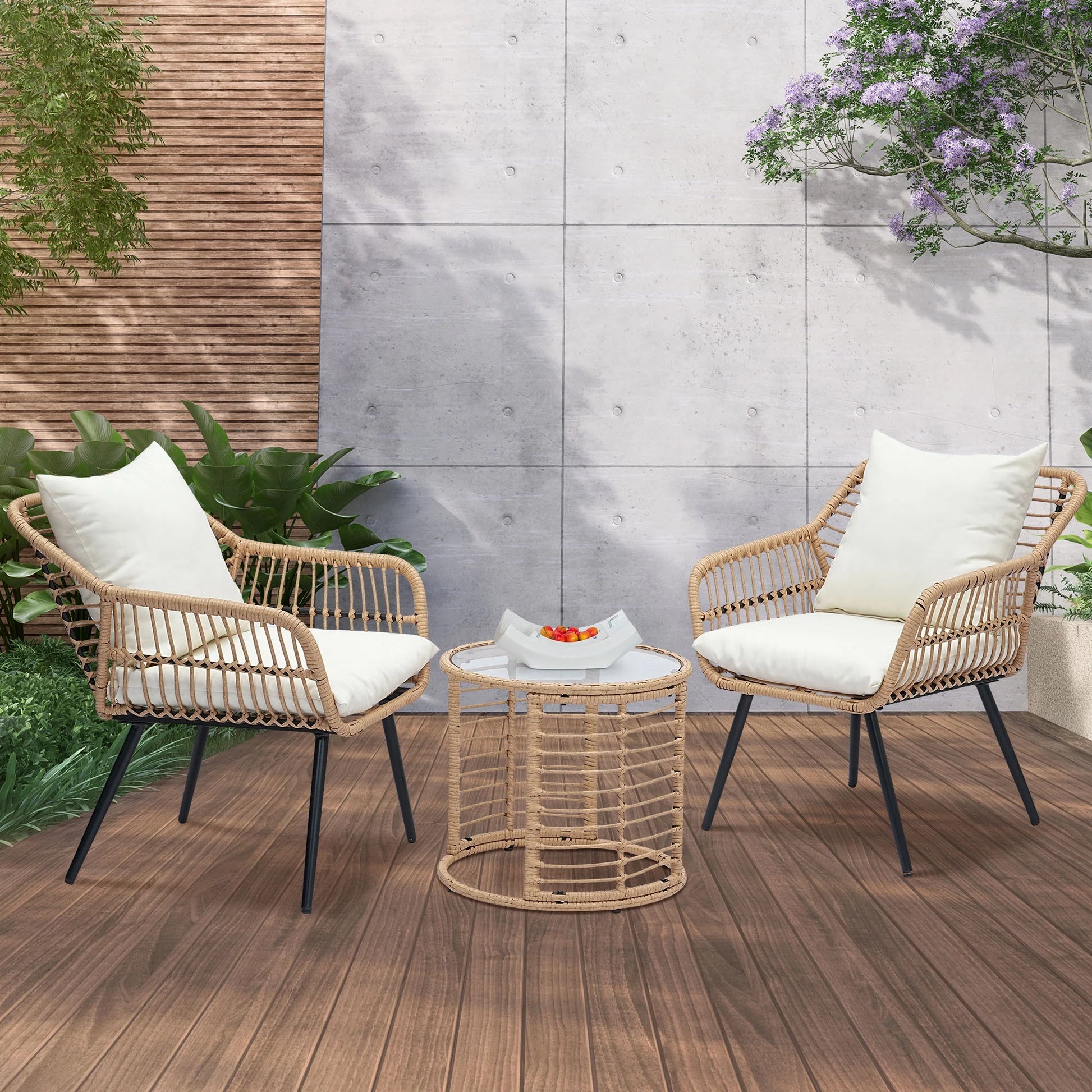 Ainfox 3-Piece Steel Outdoor Bistro Sets with Metal Chairs and Glass Top Table, Beige