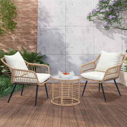 Ainfox 3-Piece Steel Outdoor Bistro Sets with Metal Chairs and Glass Top Table, Beige