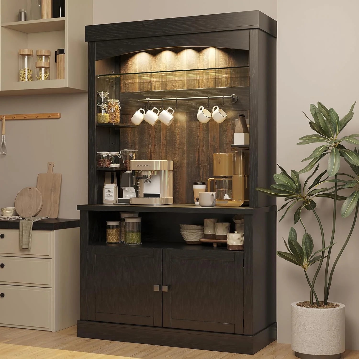 Homhougo Coffee Bar Cabinet with LED Lights, 72" Tall Buffet Cabinet with Storage, Farmhouse Kitchen Sideboard, Microwave Stand, Wine Rack, Glass Shelf, Kitchen & Dining Room Furniture, Dark Oak