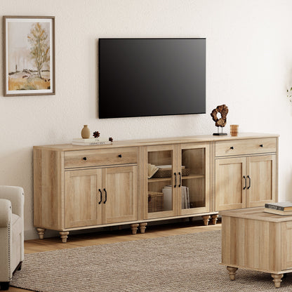 TV Stand for 100 Inch TV, 3-in-1 TV Console Table for 75/80/85/90 Inch TV, Farmhouse Entertainment Center with Glass & Wooden Door, Kitchen Sideboard Buffet Cabinet for Dining Room, Oak