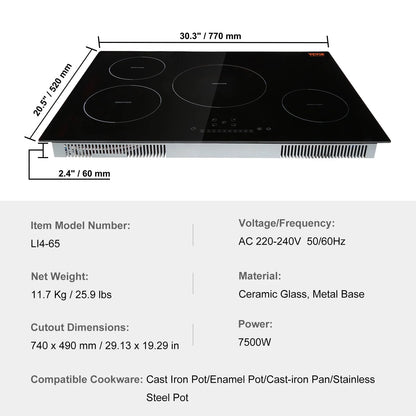 BENTISM 30 inch Electric Cooktop 4 Burners Ceramic Glass Stove Top Touch Control