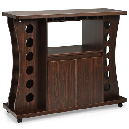 Gymax Rolling Buffet Sideboard Wooden Bar Storage Cabinet w/Wine Rack & Glass Holder