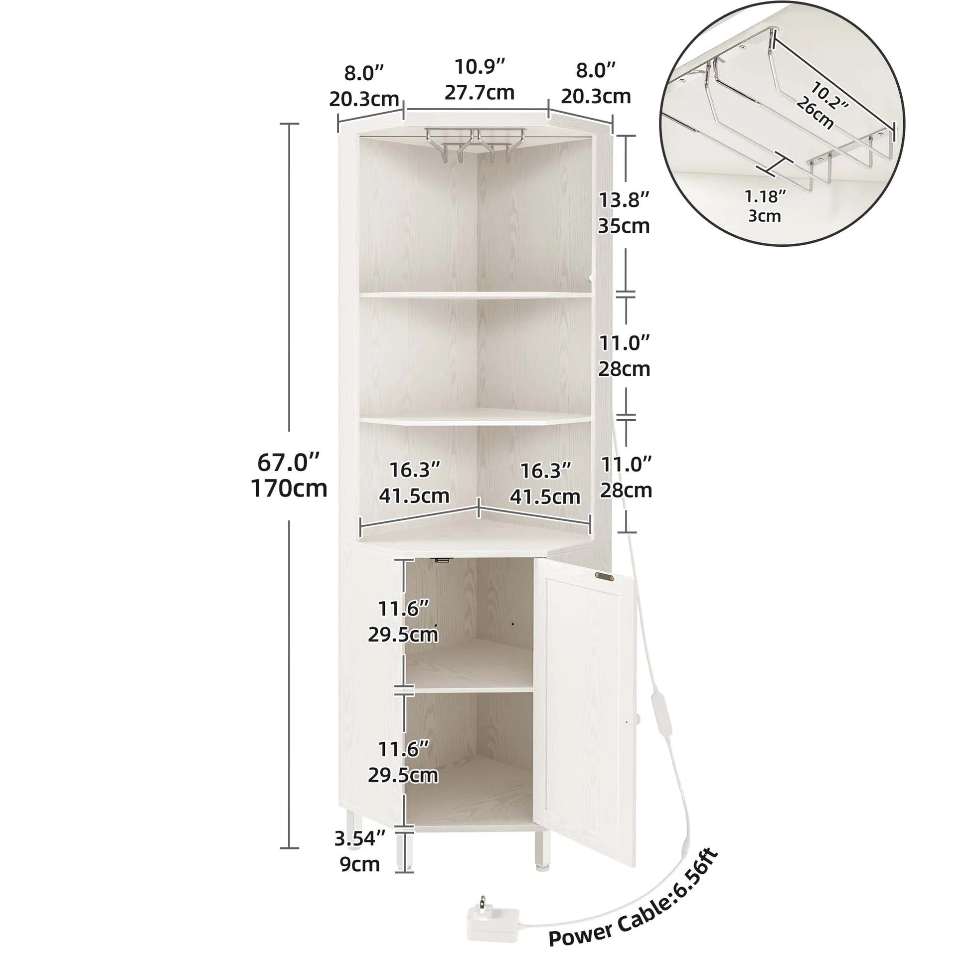 Dextrus 67" Corner Bar Cabinet with LED Lights, Wine Glass Holder & Storage Shelves, Black