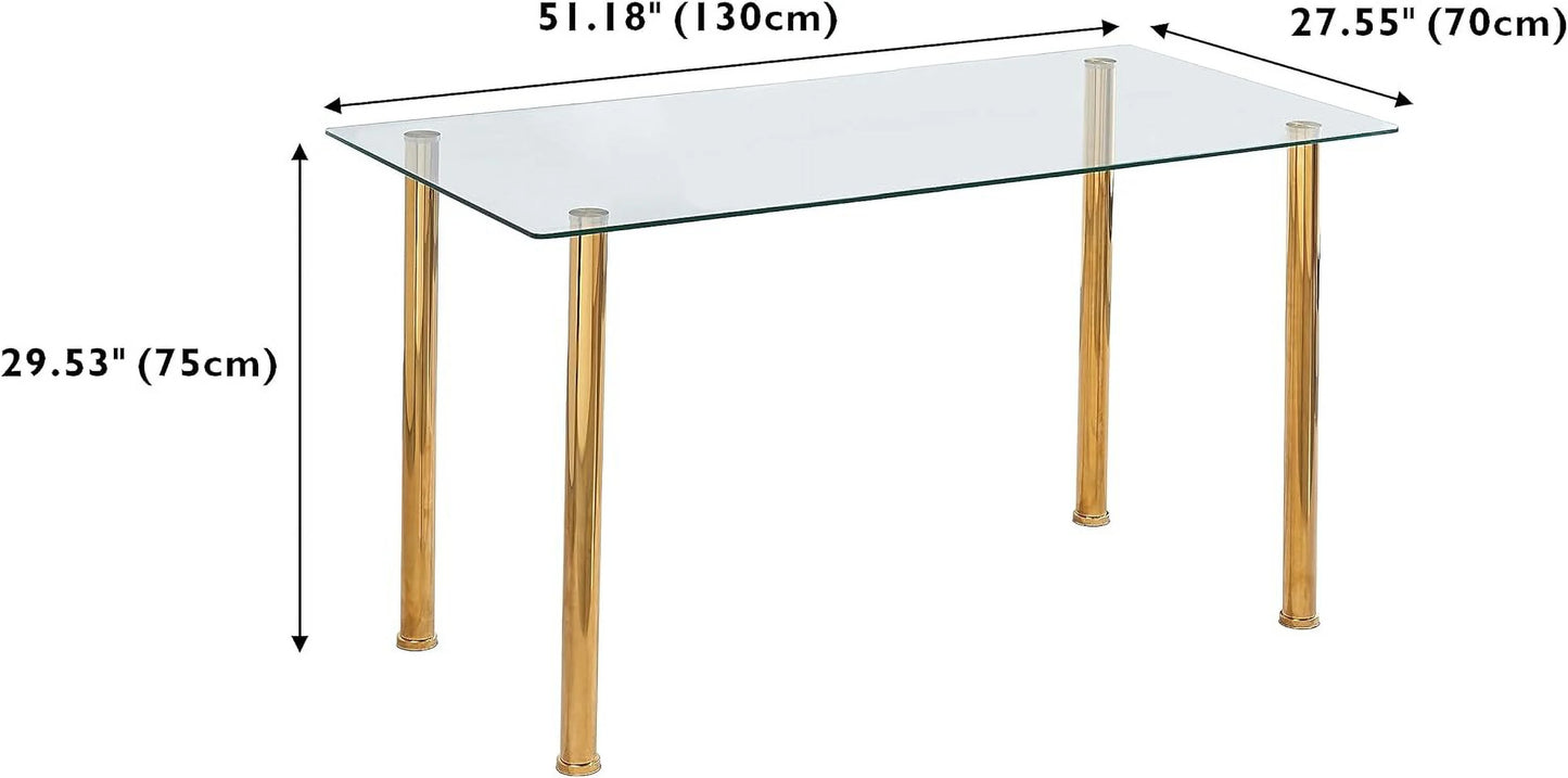 Glass Dining Table with Gold Legs, Retangular Kitchen Table for Home Kitchen (Gold, Length: 51.2")