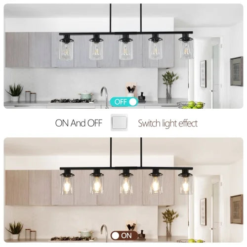 ACE-LIGHTS,Modern Industrial 5-Light Chandelier with Clear Glass Shades(Bulbs Not Included),Hanging Ceiling Light Fixture for Living Room,Dining Room,Kitchen Island(Black)