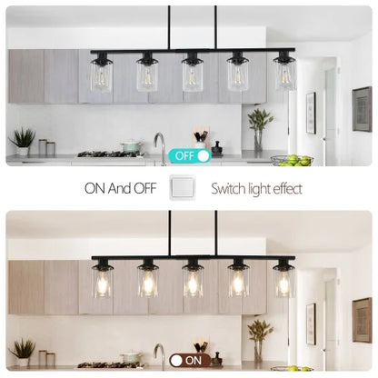 ACE-LIGHTS,Modern Industrial 5-Light Chandelier with Clear Glass Shades(Bulbs Not Included),Hanging Ceiling Light Fixture for Living Room,Dining Room,Kitchen Island(Black)
