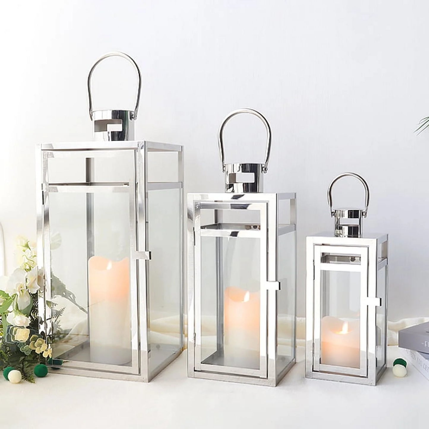 Stainless Steel Lantern Set of 3 12/15/19" Metal Lanterns with Tempered Glass for Parties & Events (Silver )