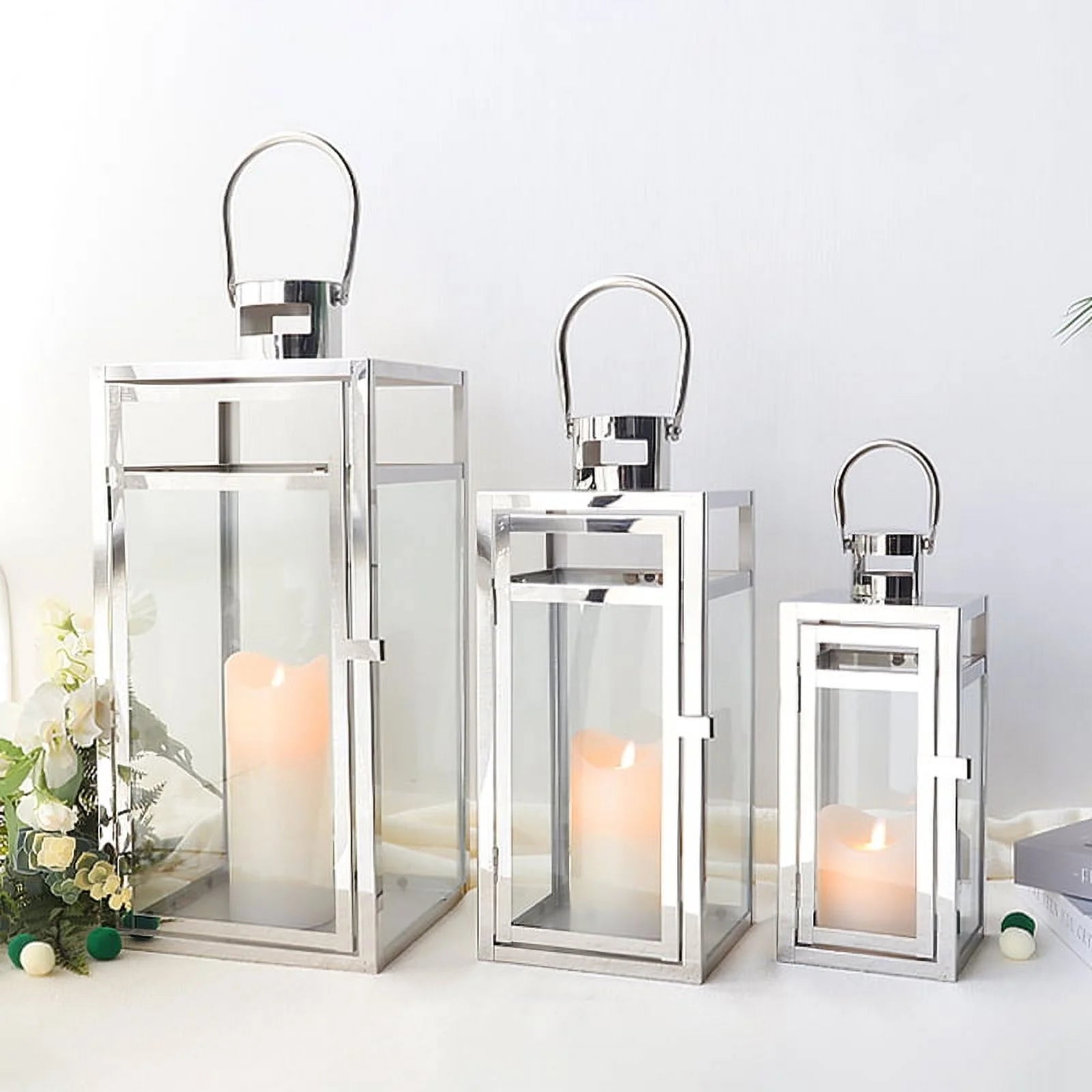 Stainless Steel Lantern Set of 3 12/15/19" Metal Lanterns with Tempered Glass for Parties & Events (Silver )