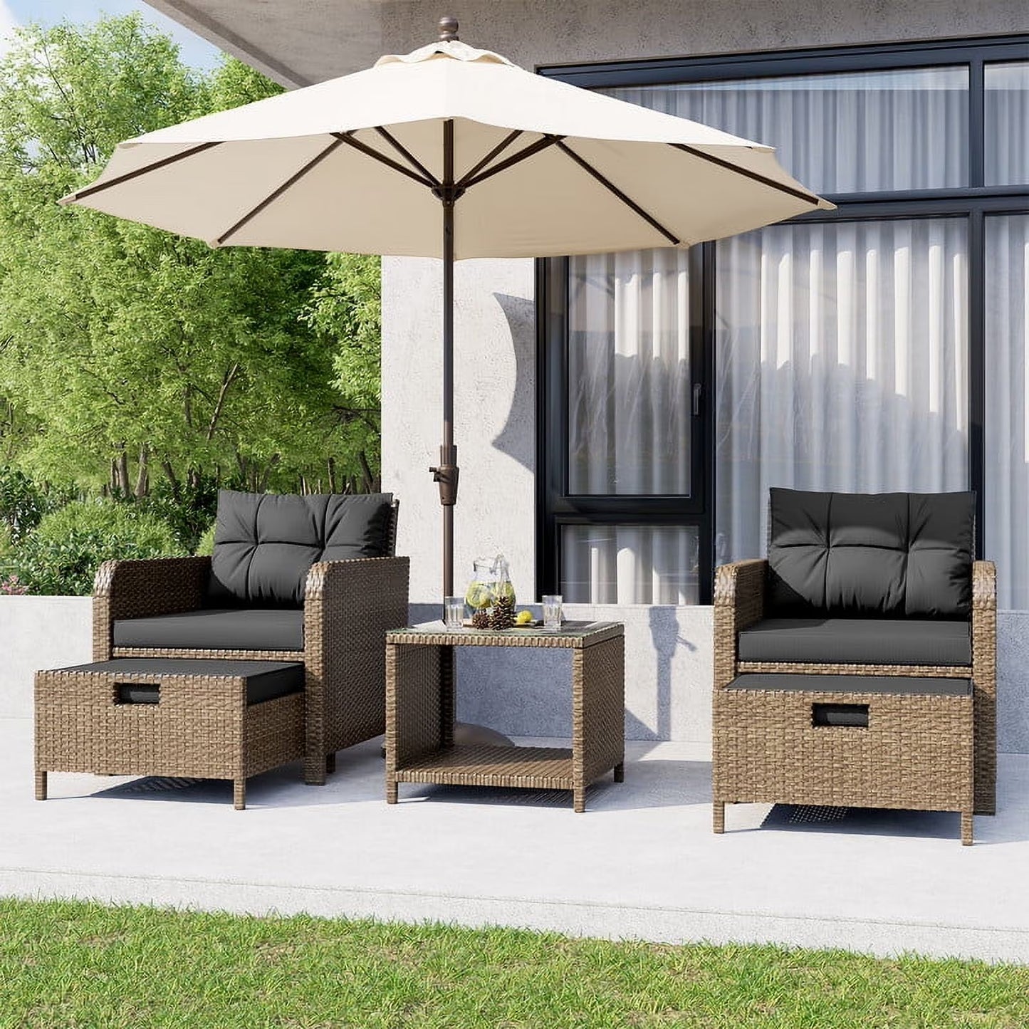 LHBcraft 5-Piece Outdoor Patio Furniture Set, PE Wicker Rattan Lounge Chairs with Soft Cushions, 2 Ottomans & Glass Table for Porch, Lawn Yellow Wicker