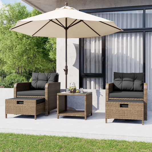 LHBcraft 5-Piece Outdoor Patio Furniture Set, PE Wicker Rattan Lounge Chairs with Soft Cushions, 2 Ottomans & Glass Table for Porch, Lawn Yellow Wicker