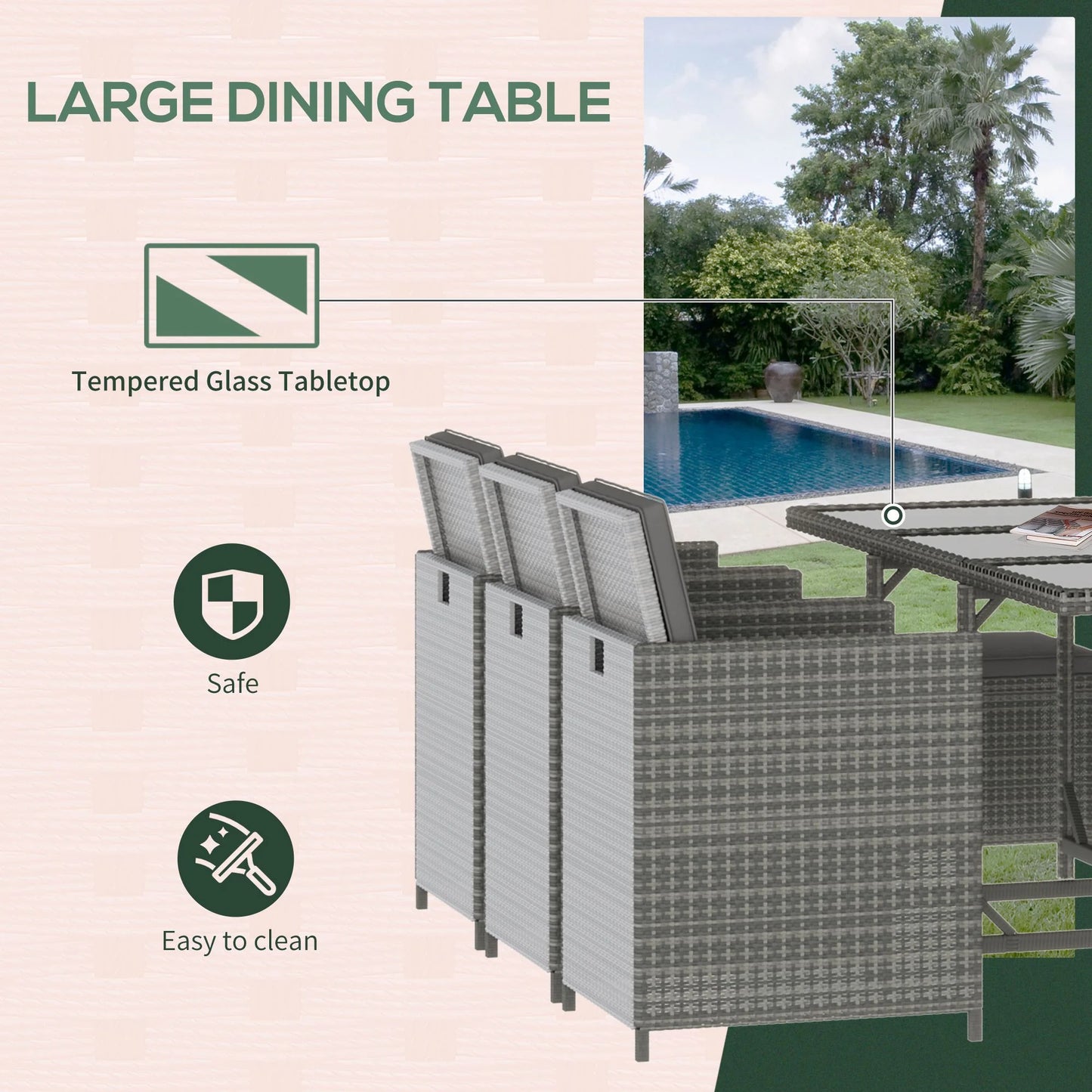 Outsunny 11 Pieces Outdoor Dining Set for 10, Space Saving Wicker Chairs and Glass Table with Cushions and Ottomans, Rattan Conversation Patio Furniture Set for Garden Backyard Deck, Dark Gray