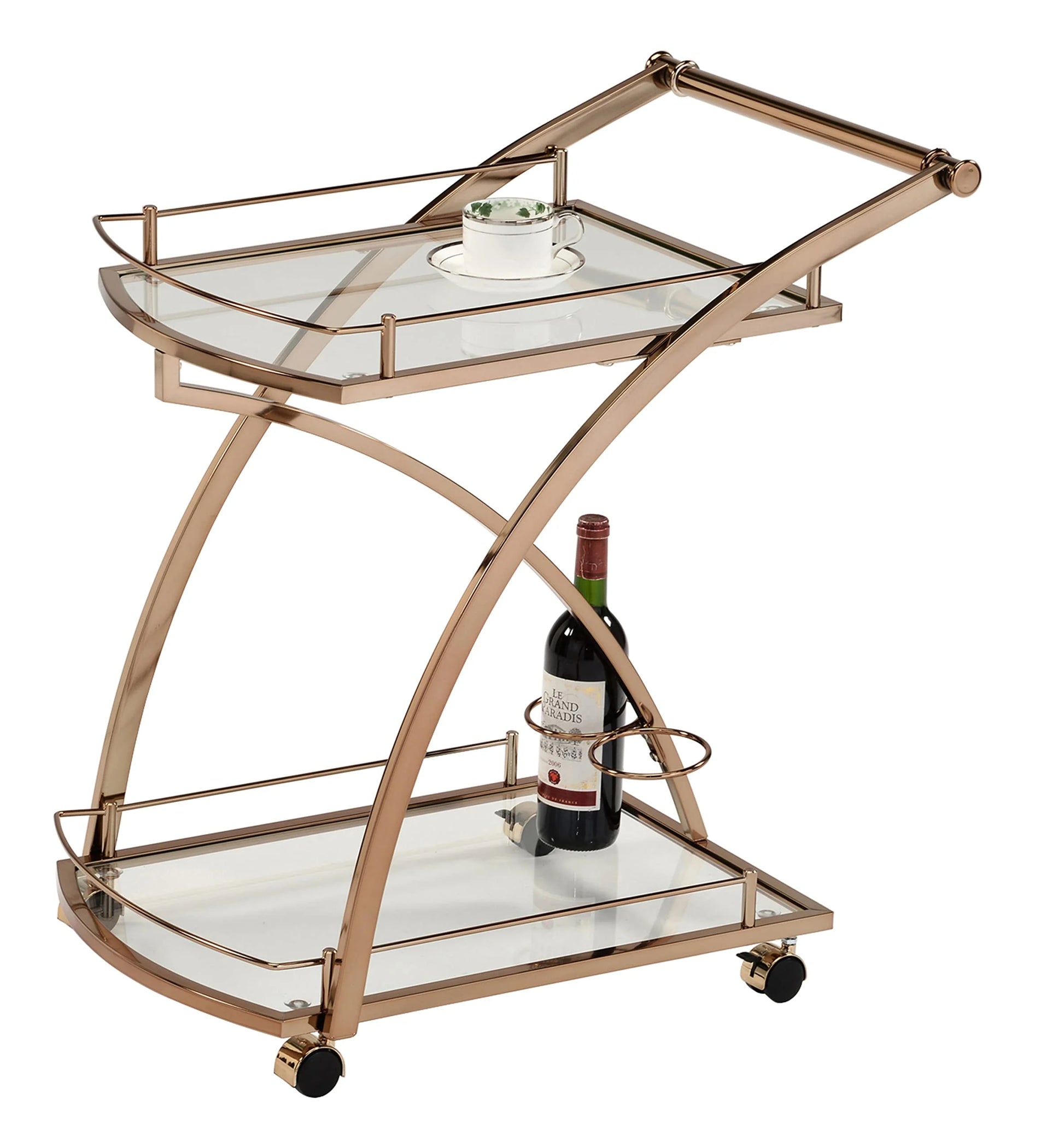 Kings Brand Furniture Metal Rolling Bar Kitchen Serving Cart with 2 Glass Shelves and Wine Holders, Gold