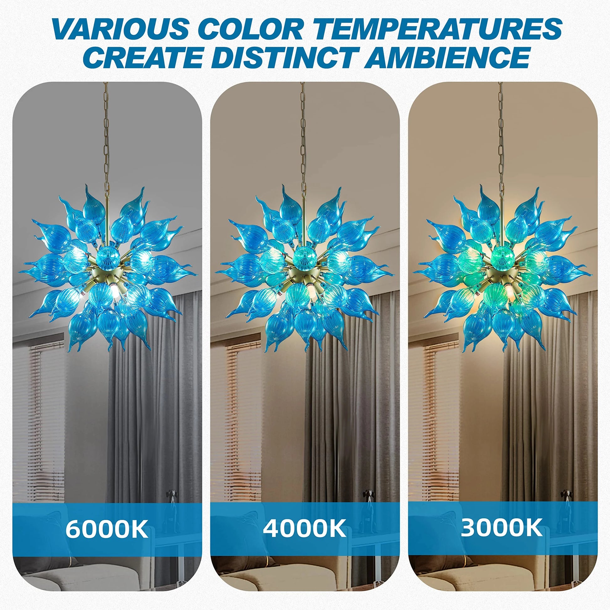 Longree 6-lights Plug in Hand Blown Glass Chandelier Modern Luxury White Flower Bud Glass Art Tall Ceiling Light Hanging Light Fixture for Kitchen, Bedroom, Dining Room, Living Room-LR1466