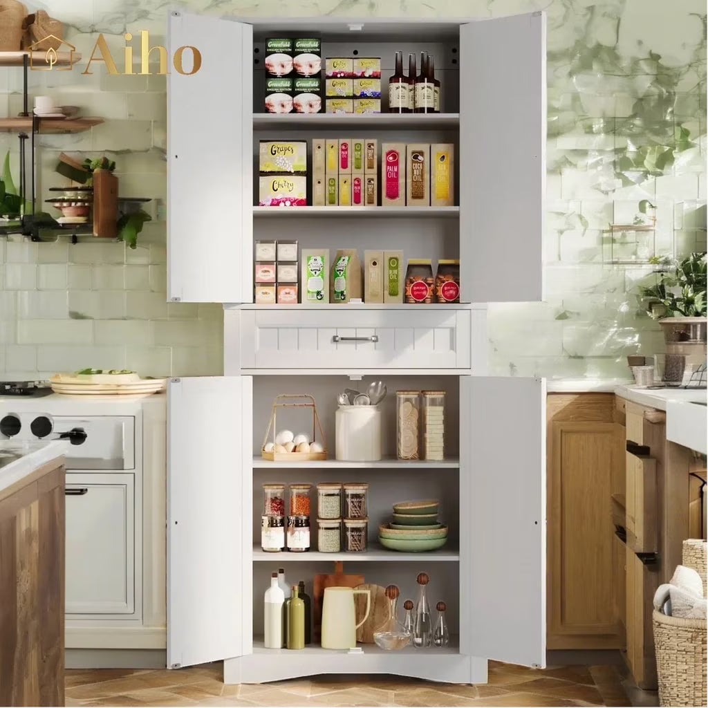 Aiho 67" Kitchen Pantry Storage Cabinet, Pantry Storage Cabinet with 2 Drawers and Glass Doors for Kitchen, Dining Room - White