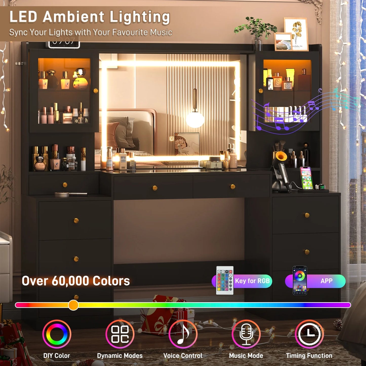 Blotout 62'' Large Vanity Desk w/60000-color LED Lights, Tempered Glass Top, Power Outlet, Makeup Vanity Table w/3 Lights Mode Mirror, 9 Drawers, 2 RGB Cabinets, LED Dressing Table for Girls, Women