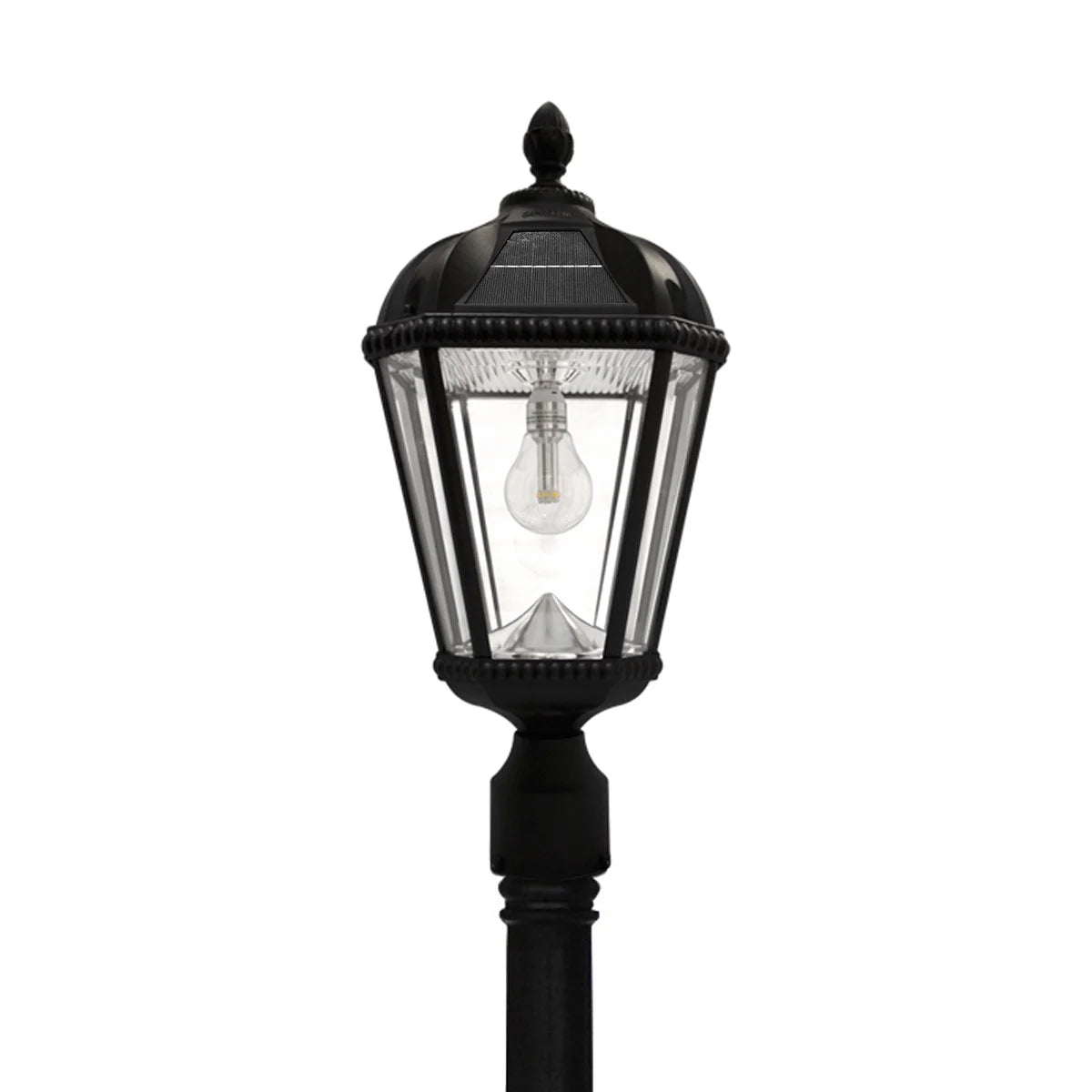 Gama Sonic Solar Outdoor Lamp Post Light, Black Cast Aluminum and Beveled Glass Panels, 10-Year Royal Bulb, Warm White LED with Omni-Direction Reflector, 87-inch Height, 98B001