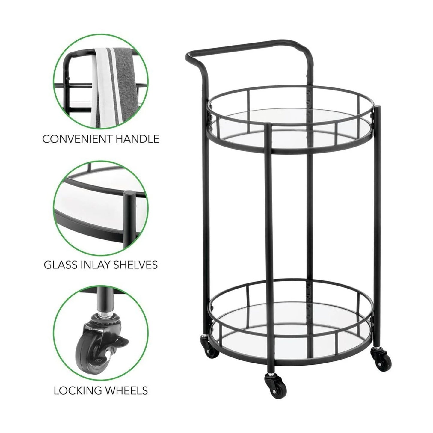 mDesign Metal Vintage Round Beverage Rolling Cart for Home - 2-Tier Serving Bar Trolley with Easy-Glide, Rotating Wheels, Built-in Handle, and Glass Shelves for Wine and Craft Beer - Black Round