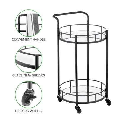 mDesign Metal Vintage Round Beverage Rolling Cart for Home - 2-Tier Serving Bar Trolley with Easy-Glide, Rotating Wheels, Built-in Handle, and Glass Shelves for Wine and Craft Beer - Black Round