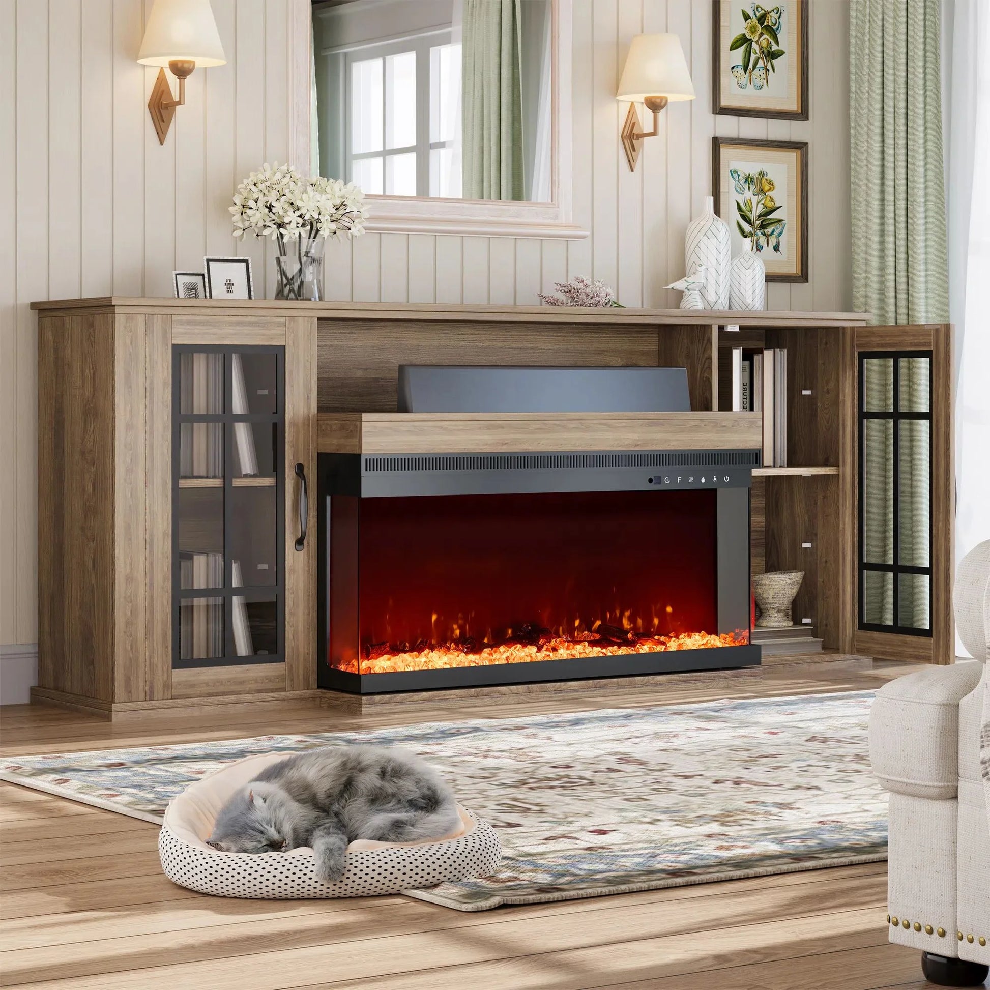 MELLCOM 70" 3 Sided Glass Fireplace TV Stand, Modern Media Console with Storage Side Cabinet, Fits TVs up to 80", Electric Fireplace TV StandWalnut Color