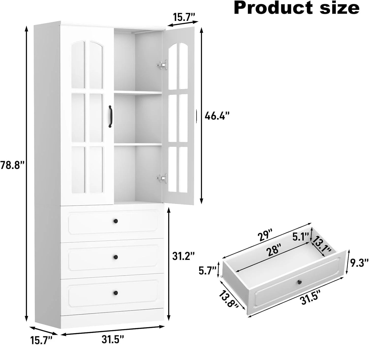 Blotout 78.7" Tall Kitchen Pantry Cabinet with 2 Glass Doors, Large Drawer Storage Cabinet with Shelves, Freestanding Storage Cabinet for Dining Room and Living Room