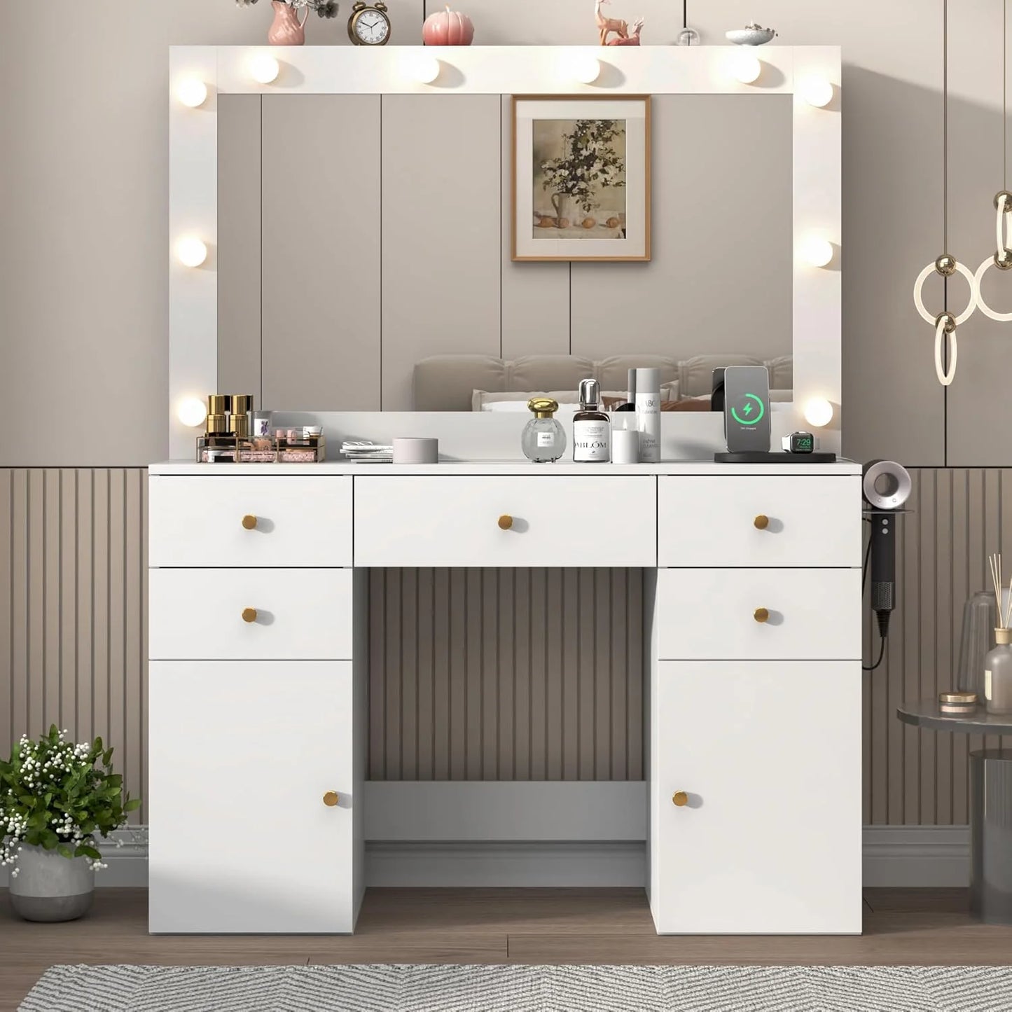 White Vanity Desk with Large Lighted Mirror & Power Outlet, Makeup Vanity Table with Glass Top & Drawers, Sliding Storage, 44.1" Large Makeup Vanity Table for Women Girls, White