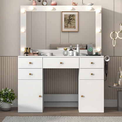 White Vanity Desk with Large Lighted Mirror & Power Outlet, Makeup Vanity Table with Glass Top & Drawers, Sliding Storage, 44.1" Large Makeup Vanity Table for Women Girls, White
