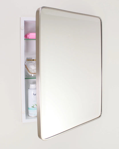 16x20 Austin Farmhouse Metal Framed Rounded Rectangle Recessed Bathroom Medicine Cabinet, Beveled Mirror, 14x18 in-Wall Opening, Powder-coated Steel, Adjustable Glass Shelves, Magnet Close, White