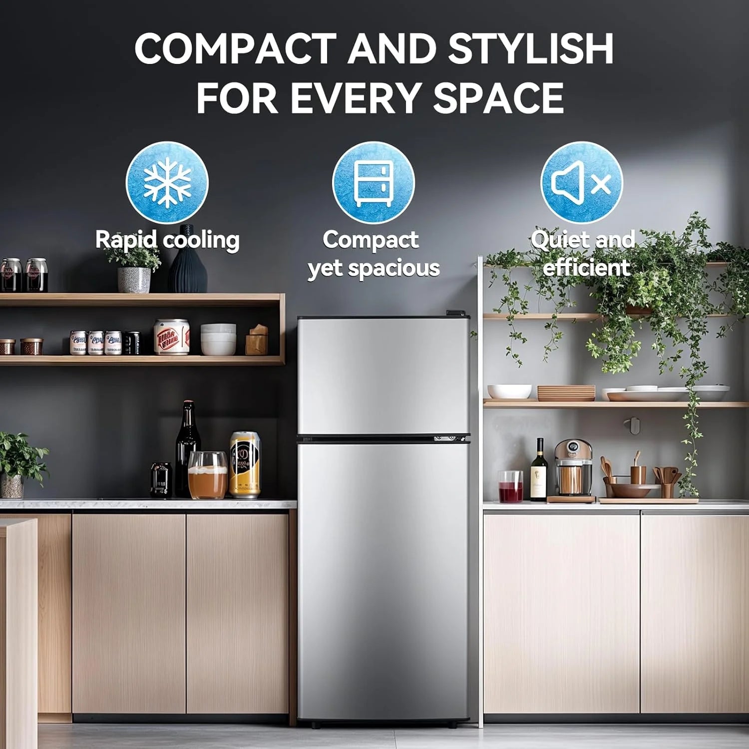 GGTB 3.5 Cu.Ft Fridge with Freezer, Double Door Refrigerator with 6 Level Thermostat, LED Light, Adjustable Glass Shelves for Bedroom, Office, Dorm, Apartment, Silver