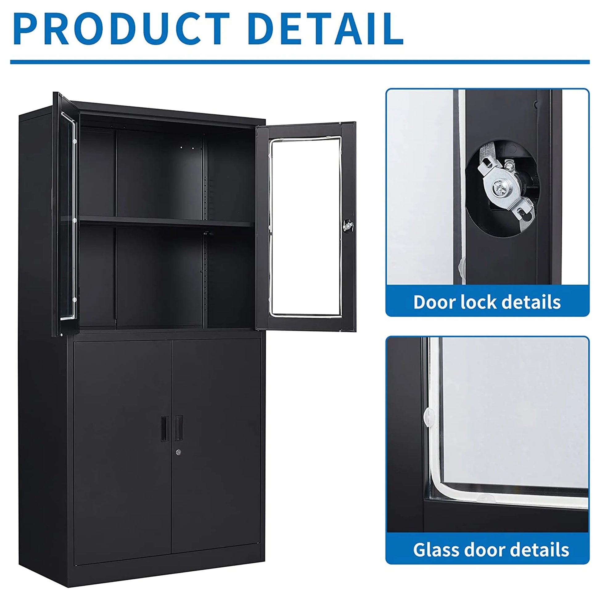 STANI Metal Cabinet with Lock, Tall Office Storage Cabinet with Glass Door, Lockable Black Steel Cabinet with 2 Adjustable Shelves for Home, Clinic, Pantry, Basement
