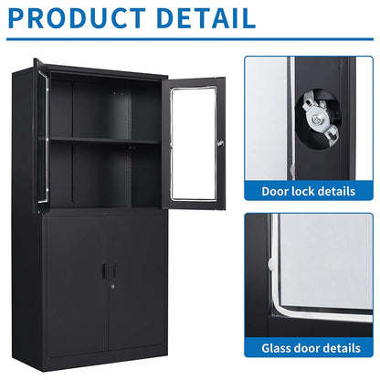 STANI Metal Cabinet with Lock, Tall Office Storage Cabinet with Glass Door, Lockable Black Steel Cabinet with 2 Adjustable Shelves for Home, Clinic, Pantry, Basement