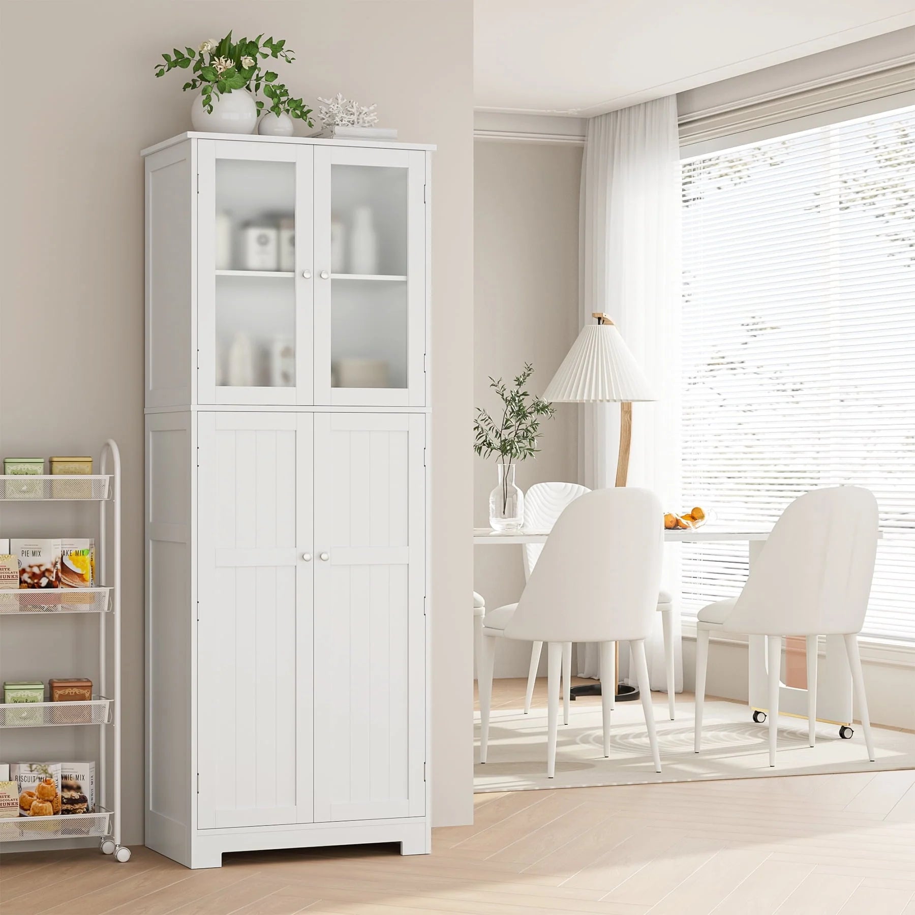 Homfa 67'' Farmhouse Kitchen Pantry Cabinet, Tall Storage Cabinet with Frosted Glass Doors for Dining Room, White
