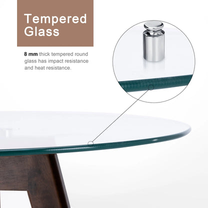Ivinta Modern Round Glass Home Kitchen Small Dining Table Brown Oak Legs 31.5 inch