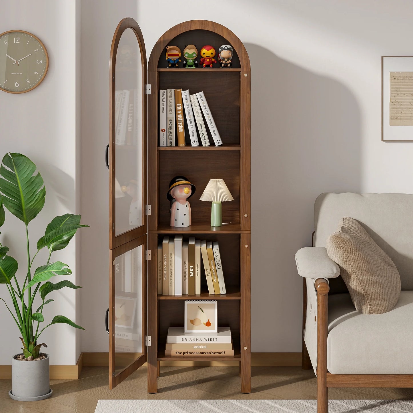 Fiogmub Tall Arched Storage Display Cabinet, Arched Pantry Cabinet with Doors, Acrylic Glass Doors