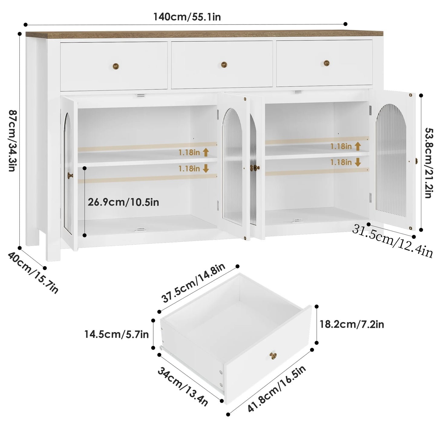 Homfa 55'' Large Sideboard Buffet Cabinet, Kitchen Storage Cabinet with 3 Drawers and 4 Glass Doors, Wood Coffee Bar Cabinet for Living Room, White