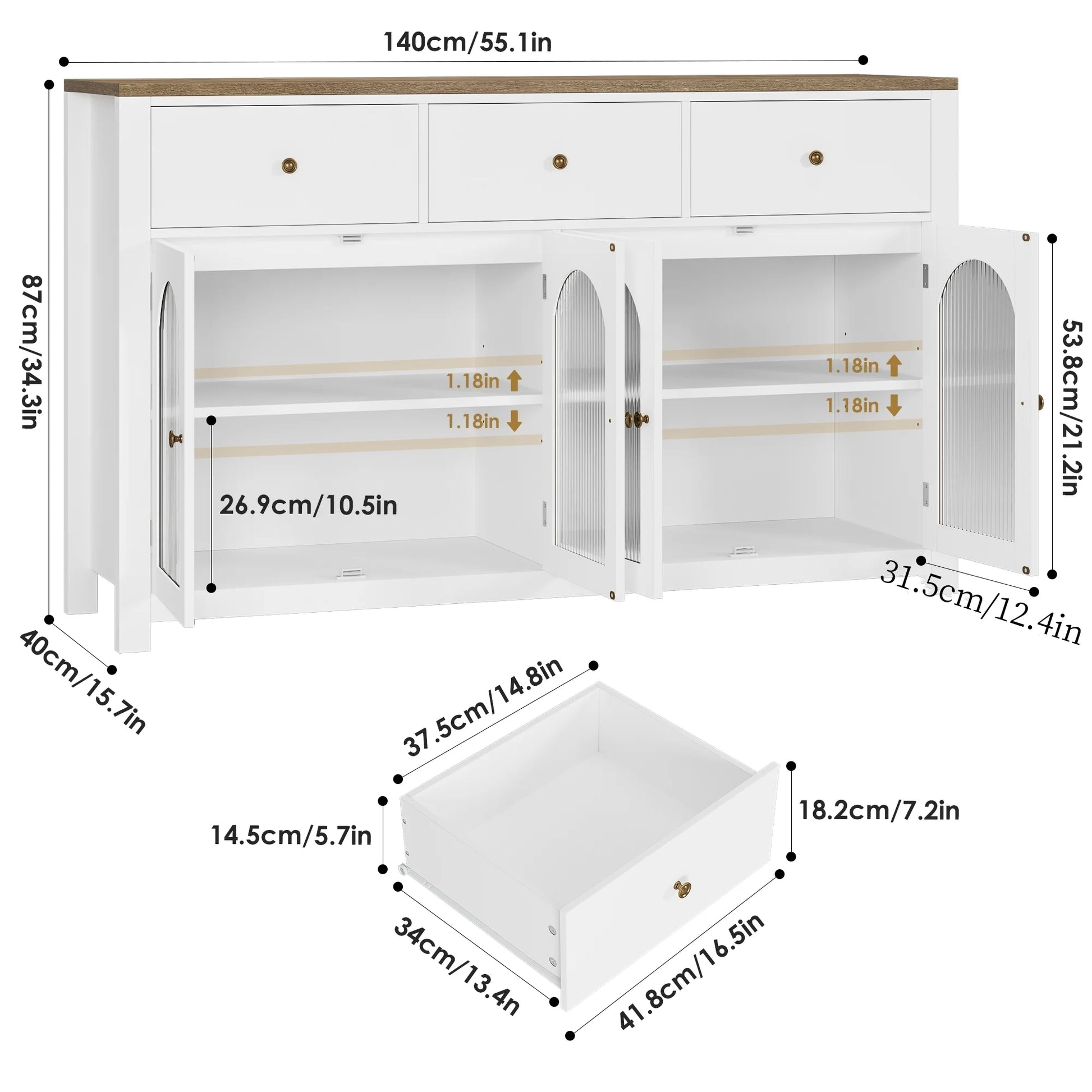 Homfa 55'' Large Sideboard Buffet Cabinet, Kitchen Storage Cabinet with 3 Drawers and 4 Glass Doors, Wood Coffee Bar Cabinet for Living Room, White