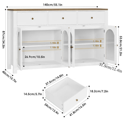 Homfa 55'' Large Sideboard Buffet Cabinet, Kitchen Storage Cabinet with 3 Drawers and 4 Glass Doors, Wood Coffee Bar Cabinet for Living Room, White