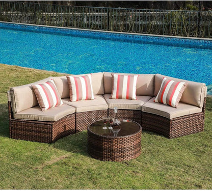 Outdoor Sectional Sofa Set, Half-moon Furniture with Cover, Patio PE Wicker Set with Beige Cushions & Tempered Glass Coffee Table, 5-Piece
