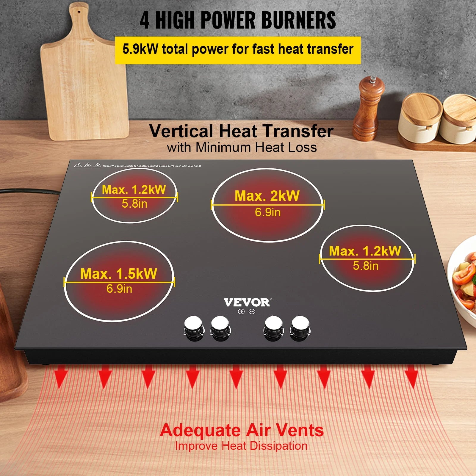 VEVOR Built-in Induction Cooktop, 30 inch 4 Burners, 220V Ceramic Glass Electric Stove Top with Knob Control, Timer & Child Lock Included, 9 Power Levels with Boost Function for Simmer Steam Fry