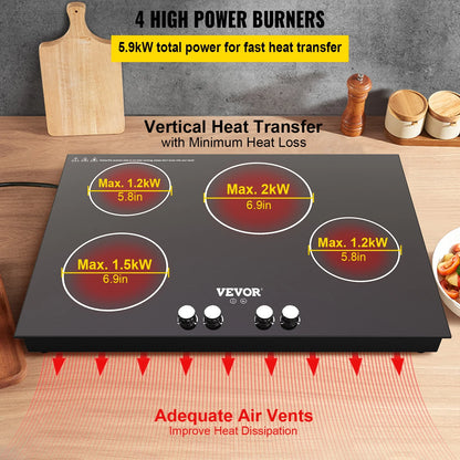 VEVOR Built-in Induction Cooktop, 30 inch 4 Burners, 220V Ceramic Glass Electric Stove Top with Knob Control, Timer & Child Lock Included, 9 Power Levels with Boost Function for Simmer Steam Fry