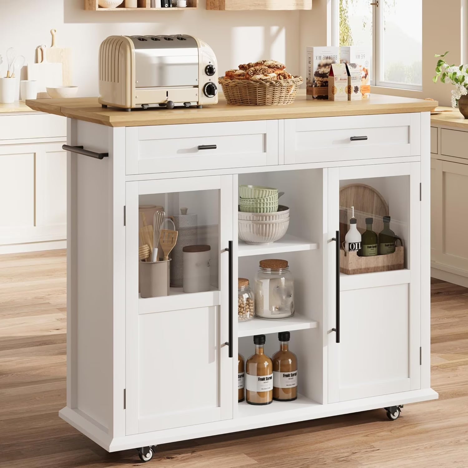 WALYWIK Foldable Kitchen Island Cart with Wheels, 2 Glass Doors, Spice Rack & Towel Holder - Compact Mobile Storage Cart for Small Kitchens, Dining Rooms, Camping & RVs - Grey