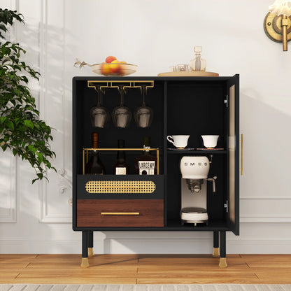 CBJCBJ Wine Bar Cabinet, Modern Coffee Cabinet with 3 Rows of Glass Racks, Sideboard Cabinet, Black