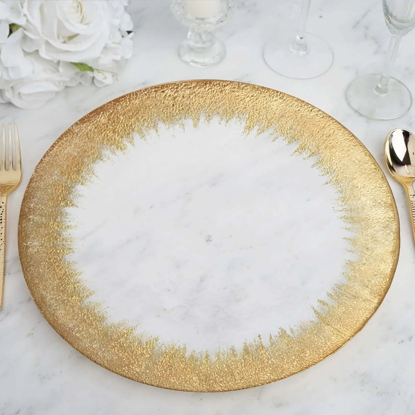 Efavormart 8 Pack - 13" Gold Glass Charger Plates Reusable Rim Charger Plates Spray Design Plates - Perfect for Wedding , Party Decorations, Banquet, Upscale Occasions, Birthday Celebrations