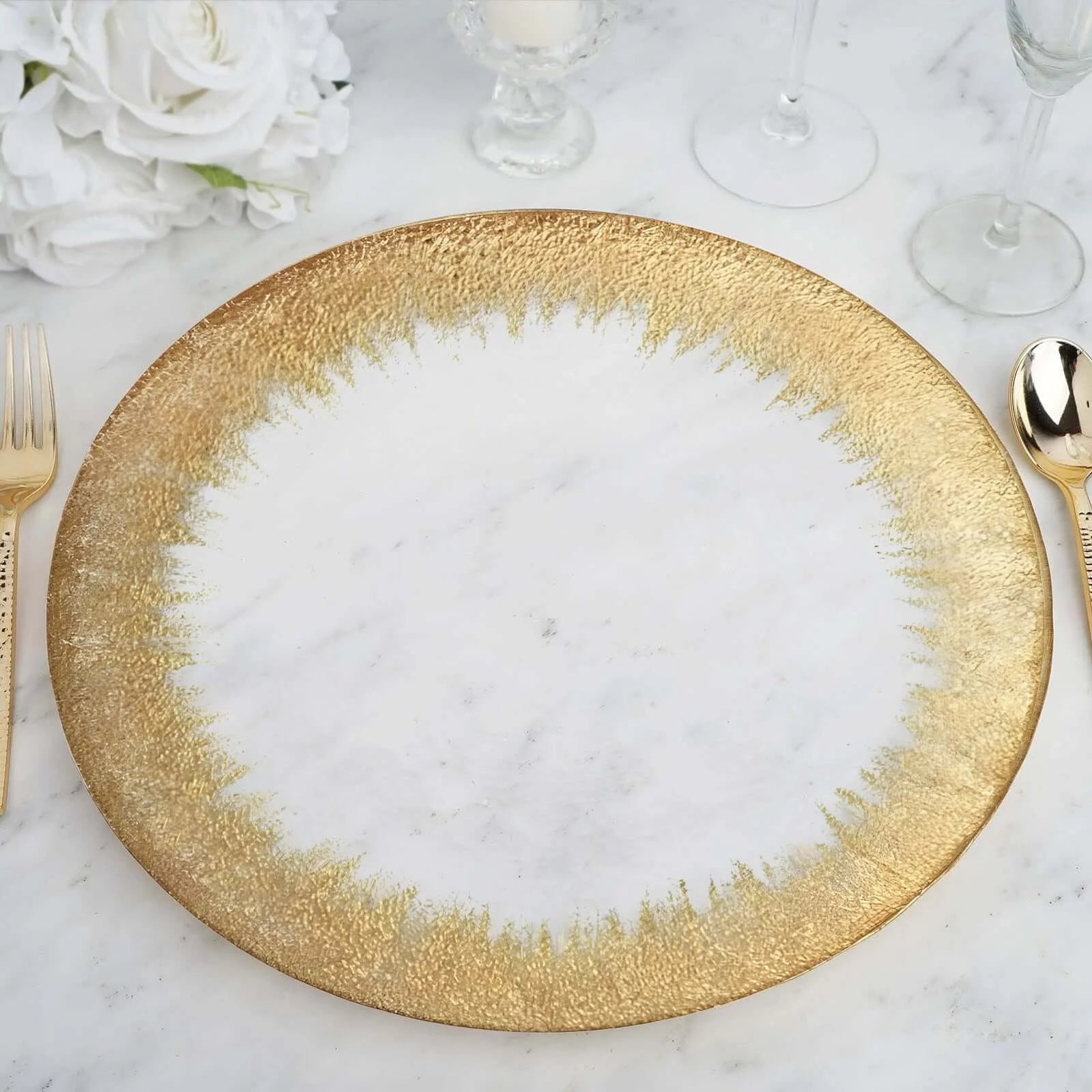 Efavormart 8 Pack - 13" Gold Glass Charger Plates Reusable Rim Charger Plates Spray Design Plates - Perfect for Wedding , Party Decorations, Banquet, Upscale Occasions, Birthday Celebrations