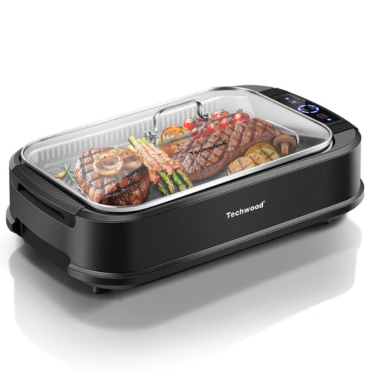Techwood Indoor Smokeless Grill, 1500W, Black, Electric Portable Korean BBQ Grill with Tempered Glass Lid