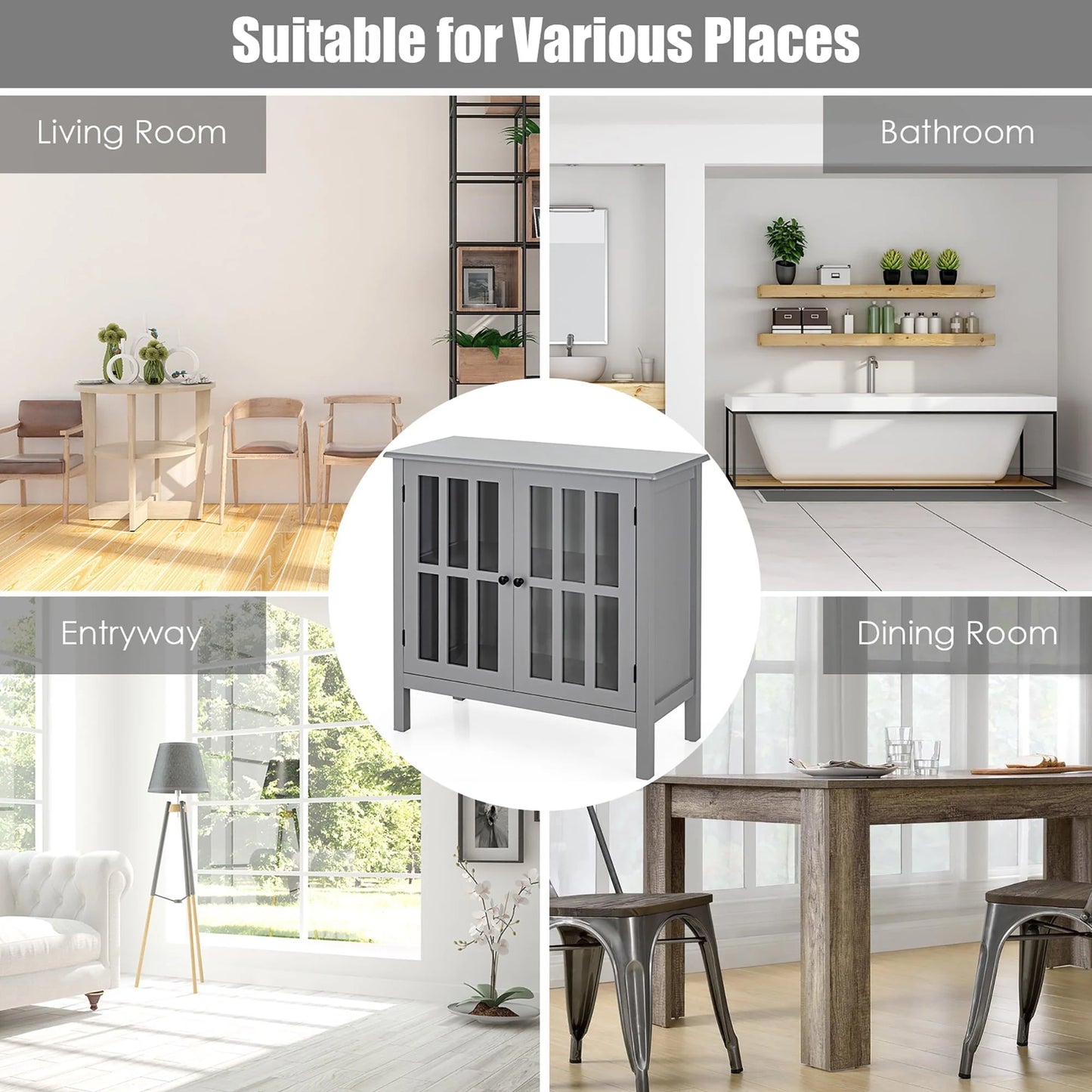 Costway Storage Buffet Cabinet Glass Door Sideboard Console Table Server Gray