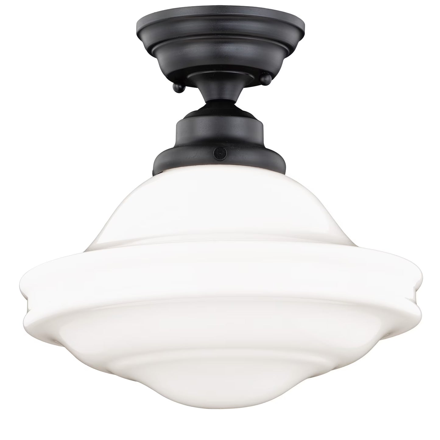 Huntley 12-in W Satin Nickel Farmhouse Schoolhouse Semi Flush Mount Ceiling Light White Glass