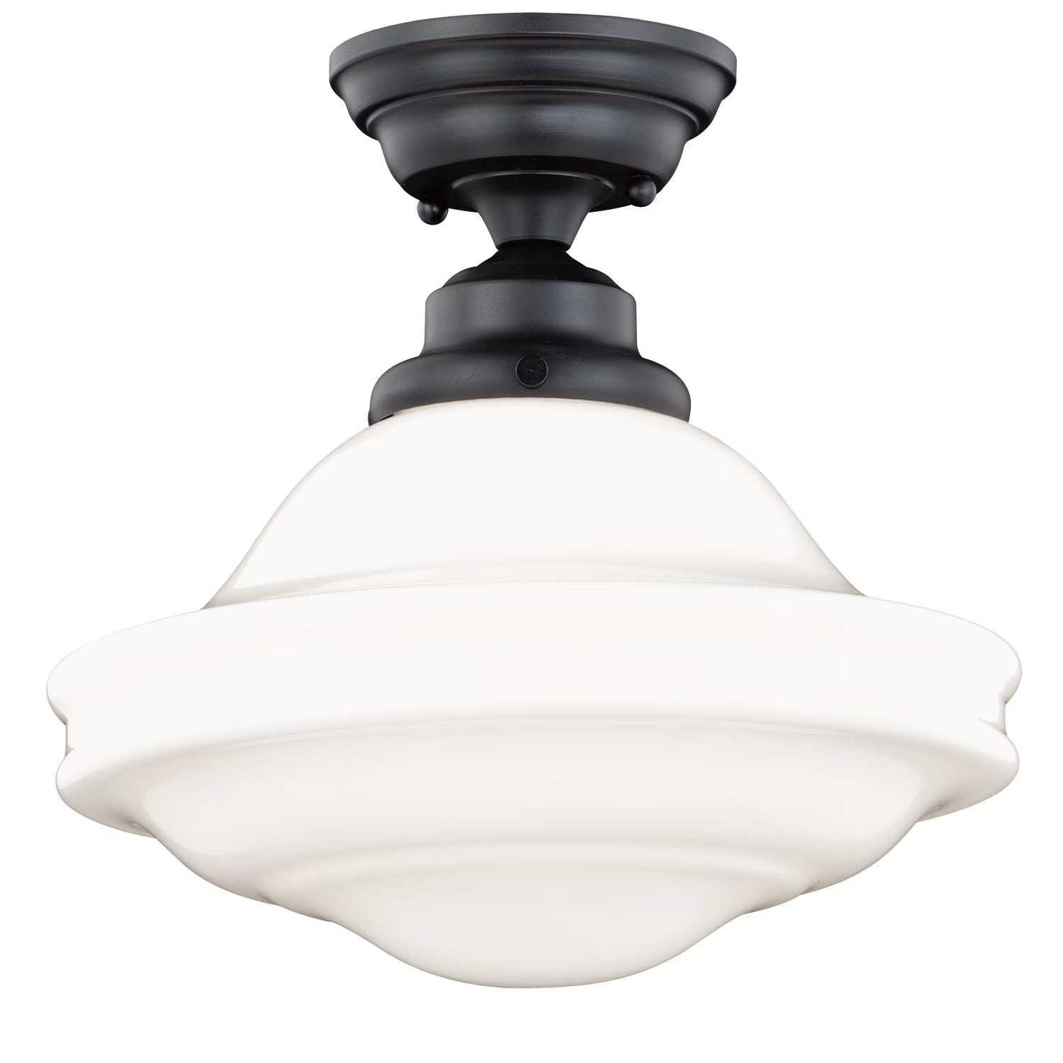 Huntley 12-in W Satin Nickel Farmhouse Schoolhouse Semi Flush Mount Ceiling Light White Glass