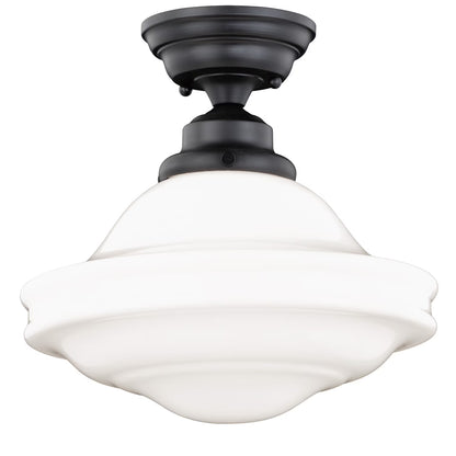 Huntley 12-in W Satin Nickel Farmhouse Schoolhouse Semi Flush Mount Ceiling Light White Glass