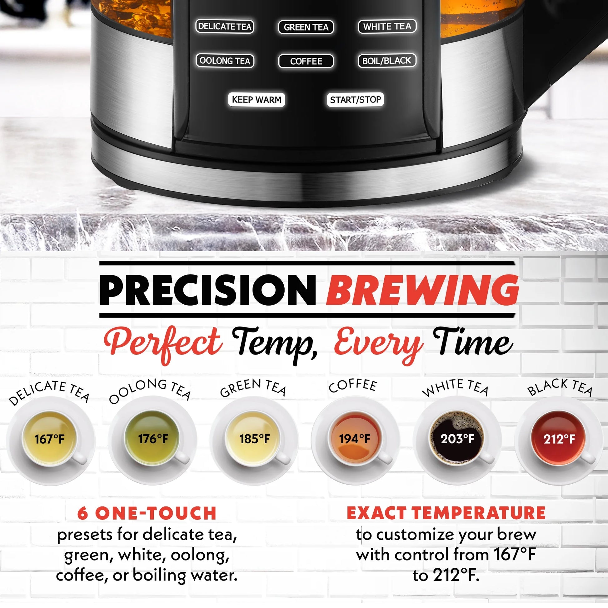 Gourmia 1.7L Programable Glass Kettle with Touch Display, Infuser, Black