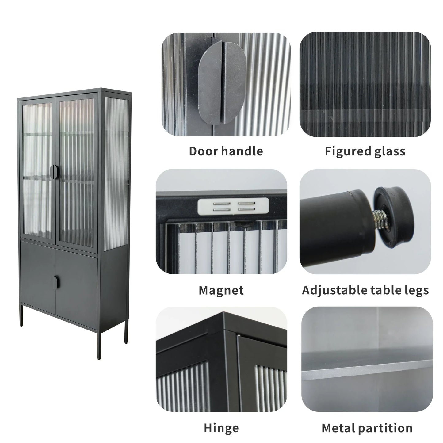 Tall 3-Shelf Steel Accent Cabinet with Fluted Glass and Upper & Lower Door-Black